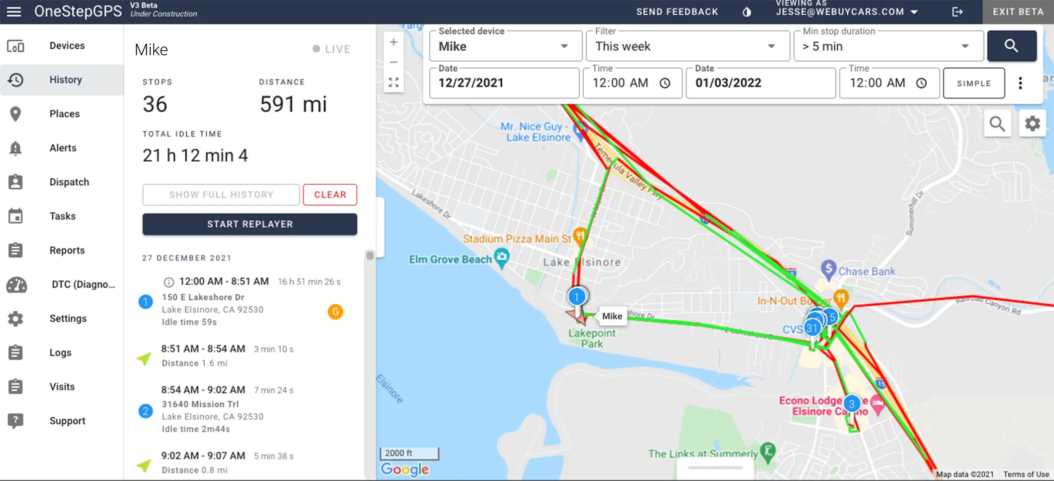 One Step GPS dashboard UI with route history
