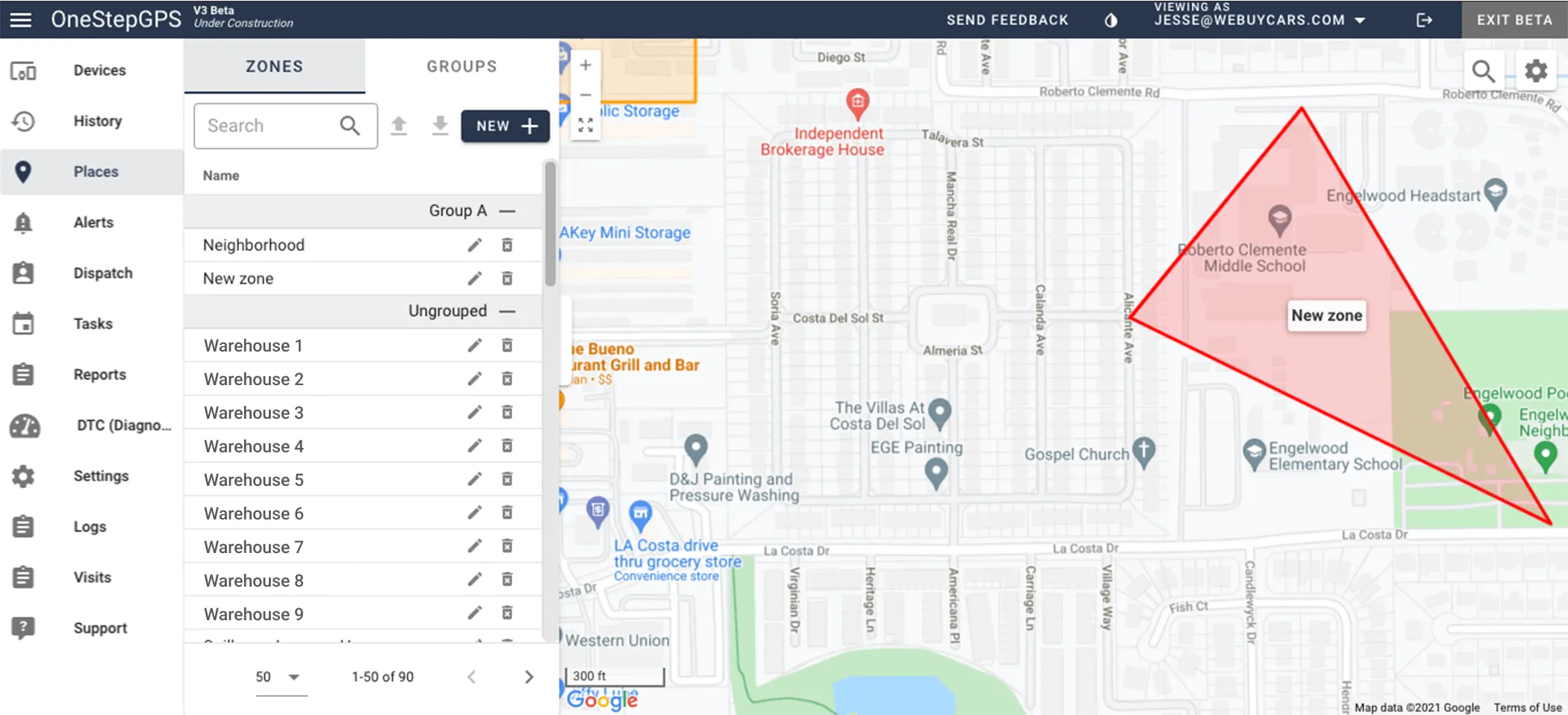 One Step GPS dashboard UI showing geofencing capabilities