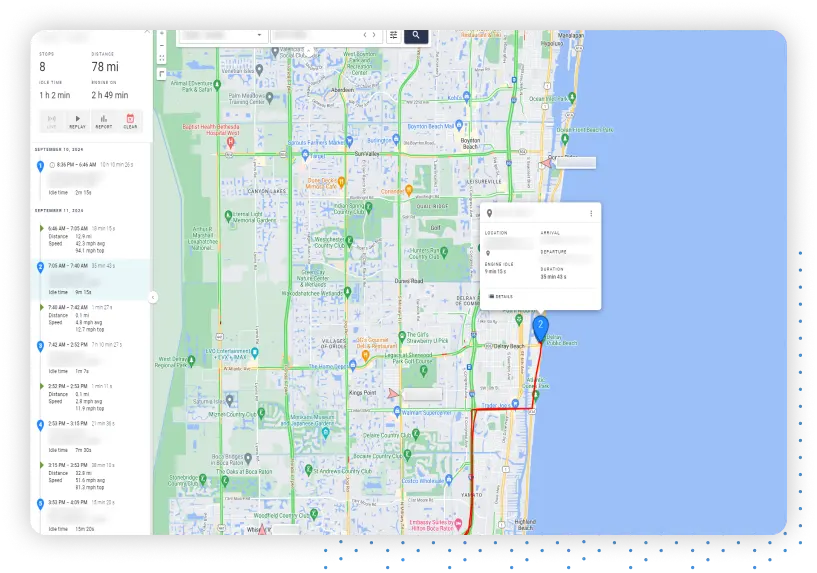 One Step GPS user interface showing device history panel