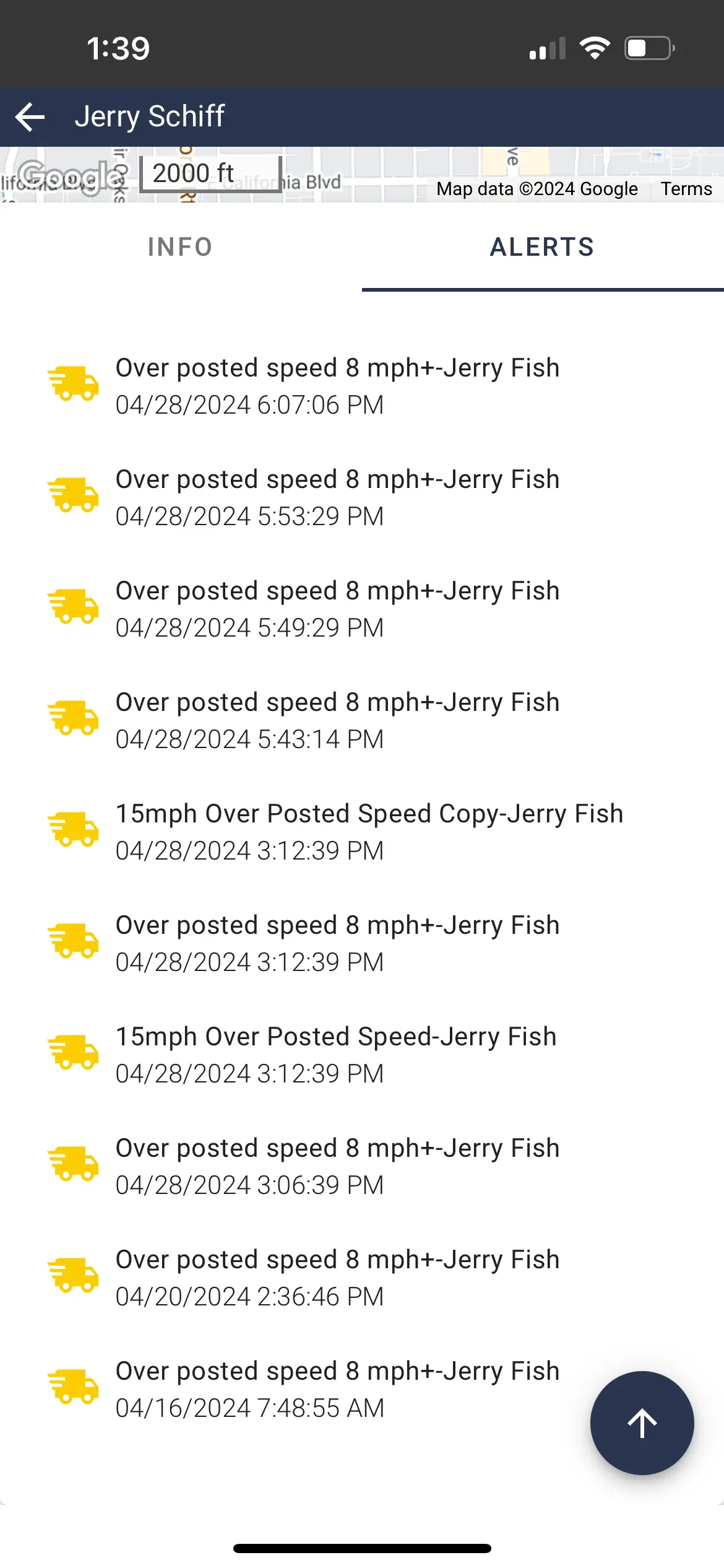 One Step GPS UI showing a over-speeding event on mobile in real-time