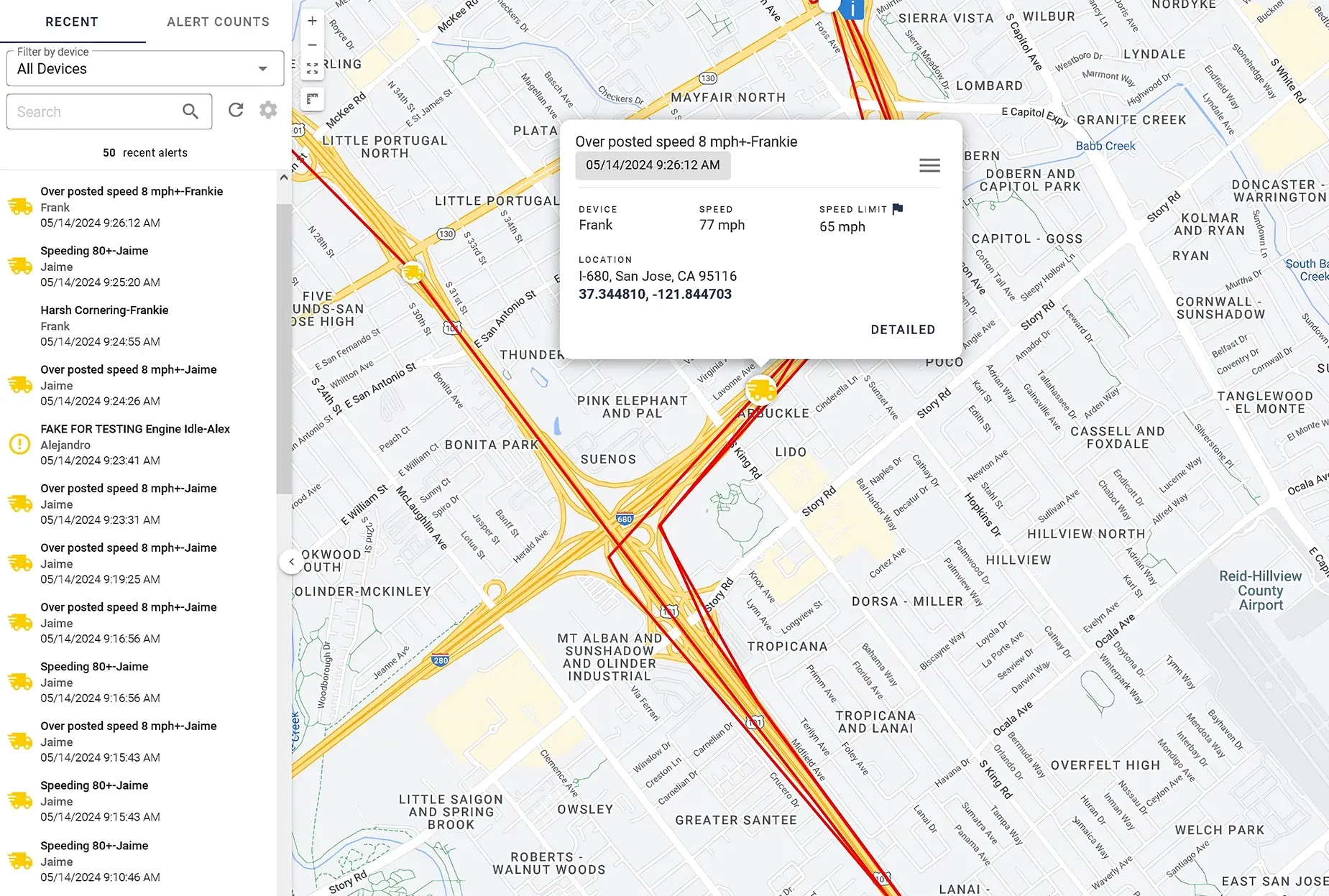 Map UI showing a over-speeding event in real-time