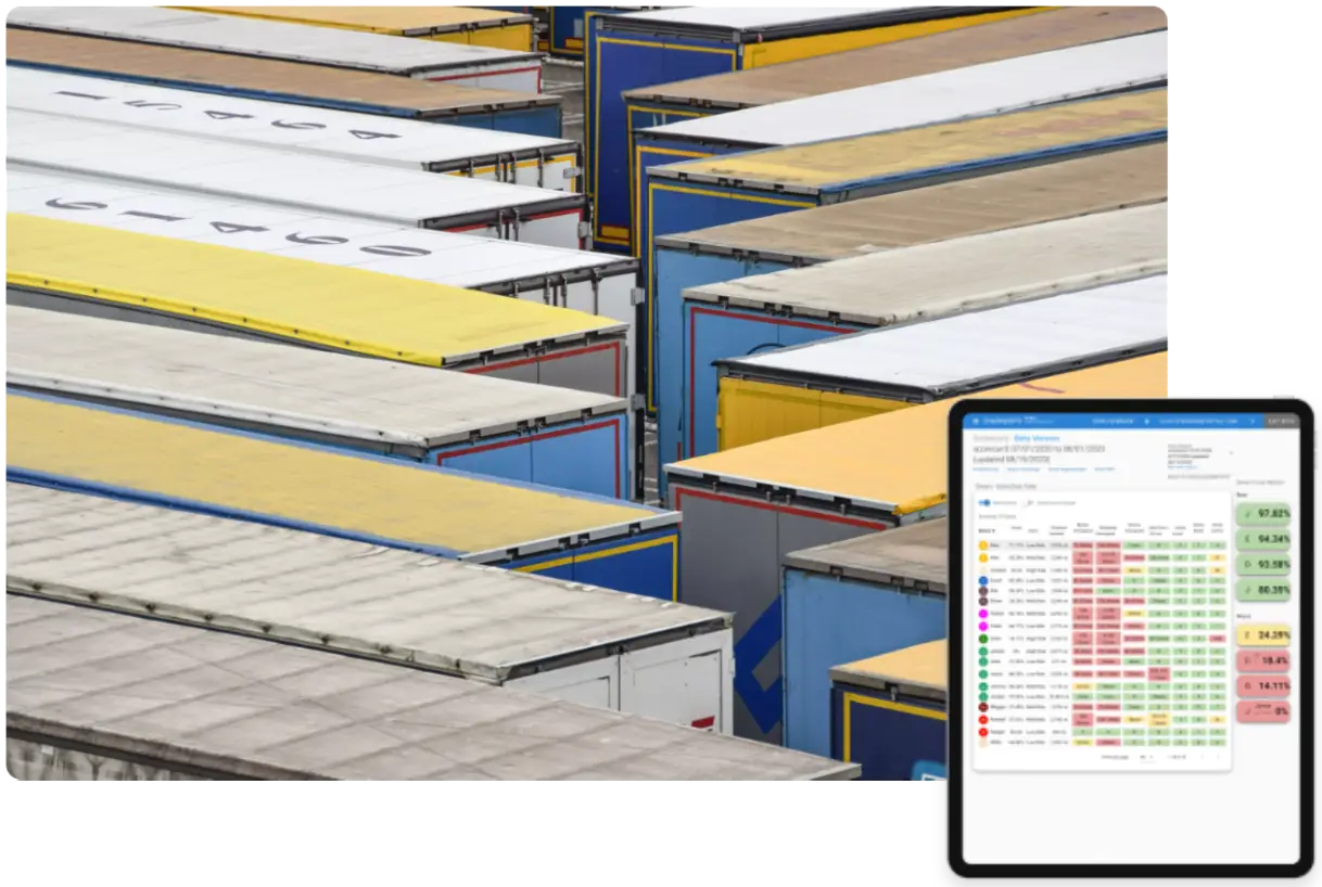 Trucks intertwined in a parking lot with a tablet showing tracked assets